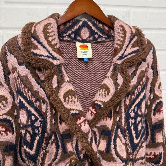 Farm Rio Ikat Pineapple Knit Blazer Cardigan Wool Blend Belt Pink Brown Sml Boho - Picture 8 of 16